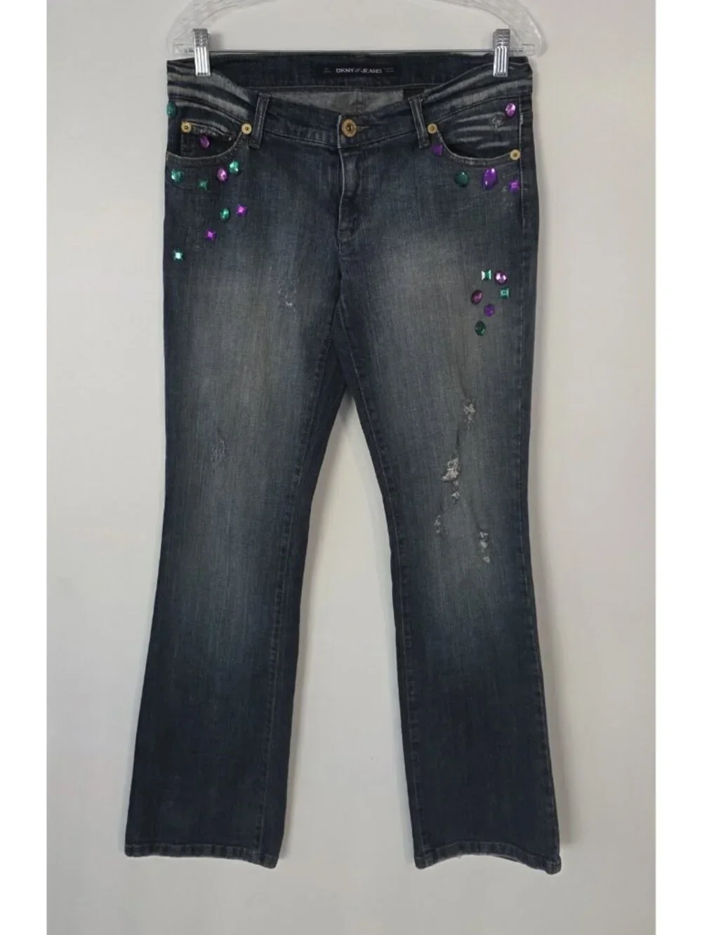 DKNY Jeweled Jeans Blue Distressed Denim Boho Bling Gemstones Juniors Size 9‎